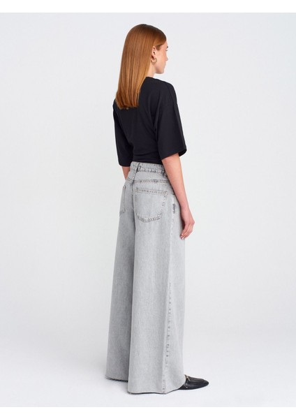 71787 Paçası Dikişsiz Geniş Denim Pantolon-Gri