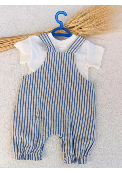 Erkek Bebek Çocuk Mavi Ayıcıklı Keten Salopet Tişört Iki Parça Takım