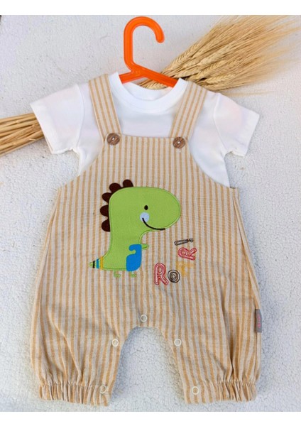 Erkek Bebek Çocuk Dinazor Desenli Keten Salopet Tişört Iki Parça Takım