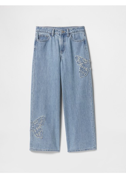 Kız Çocuk Mavi Wide Leg Jean Pantolon