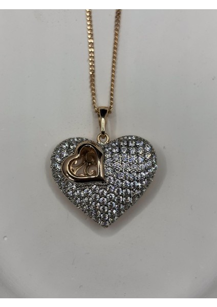 Xupıng Jewelry Zirkon Taşlı Çift Kalp Figürlü Altın Kaplama Kolye