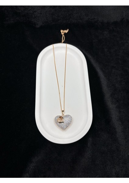 Xupıng Jewelry Zirkon Taşlı Çift Kalp Figürlü Altın Kaplama Kolye