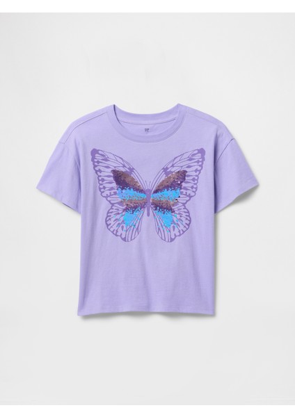Kız Çocuk Mor Pullu Grafikli T-Shirt