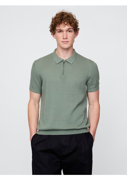Erkek Yeşil Kroşe Örgü Polo Yaka T-Shirt