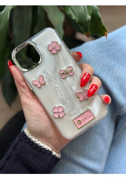 iPhone 15 Sedefli Pembe Detaylı Telefon Kılıfı