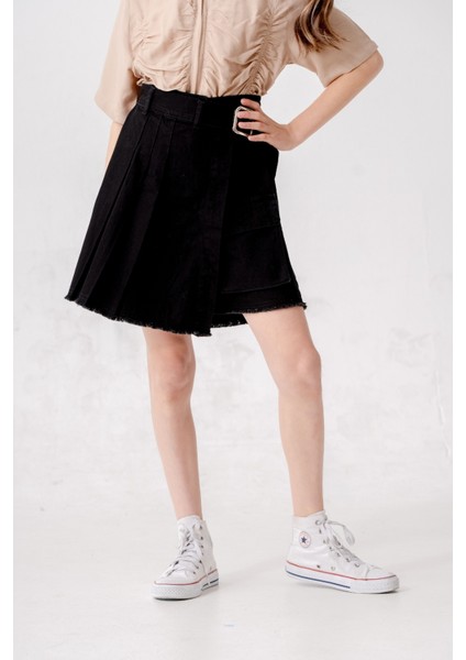 Kız Çocuk Pileli Kot Şort Etek 2873