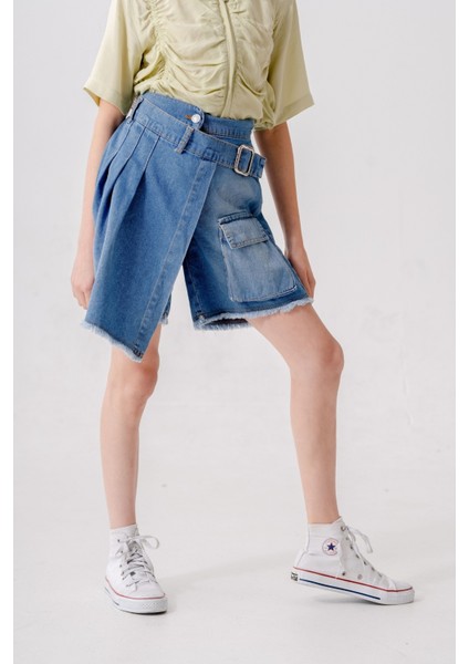 Kız Çocuk Pileli Kot Şort Etek 2873