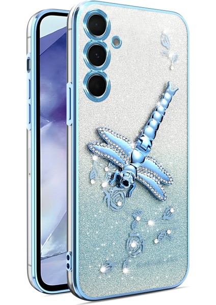 Kadem Samsung Galaxy A15 5g/4g Kılıf Dragonfly Kickstand Tpu Çiçekler Glitter Telefon Kapağı-Mavi (Yurt Dışından)