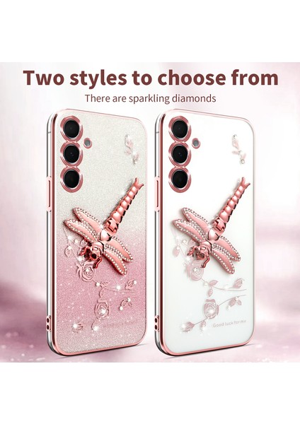 Kadem Samsung Galaxy S24 Fe Kılıf Dragonfly Kickstand Tpu Çiçekler Glitter Telefon Kapağı-Pembe (Yurt Dışından) modelleri