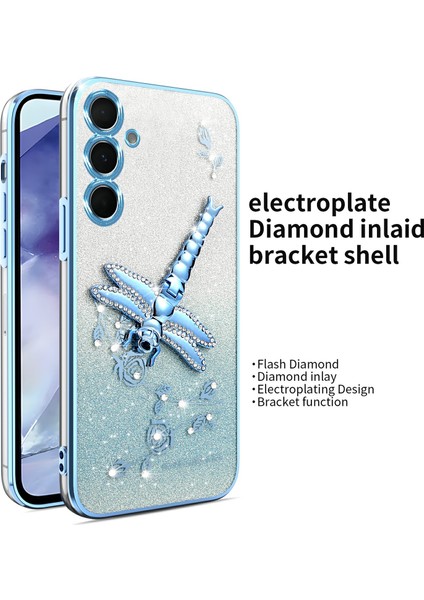 Kadem Samsung Galaxy A25 5g (Global) (161.0 x 76.5 x 8.3mm) Kılıf Dragonfly Kickstand Tpu Çiçekler Glitter Telefon Kapağı-Mavi (Yurt Dışından)