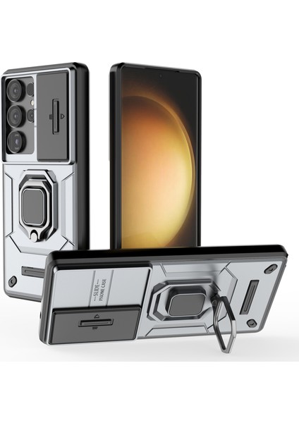 Samsung Galaxy S25 Ultra Kılıf Pc+Tpu Lens Kapaklı Kickstand Telefon Koruyucu-Gri (Yurt Dışından)