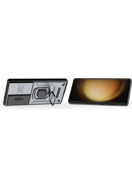 Samsung Galaxy S25 Ultra Kılıf Pc+Tpu Lens Kapaklı Kickstand Telefon Koruyucu-Gri (Yurt Dışından)