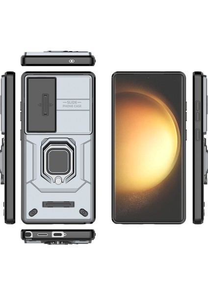 Samsung Galaxy S25 Ultra Kılıf Pc+Tpu Lens Kapaklı Kickstand Telefon Koruyucu-Gri (Yurt Dışından)