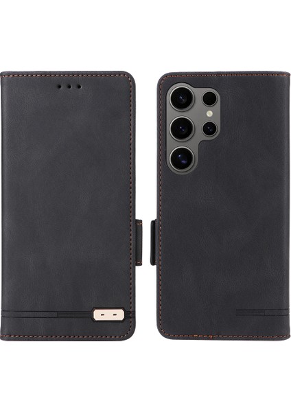 Samsung Galaxy S25 Ultra Kılıf Deri Cüzdan Çevirmeli Telefon Kapağı Donanım Dekorlu-Siyah (Yurt Dışından)