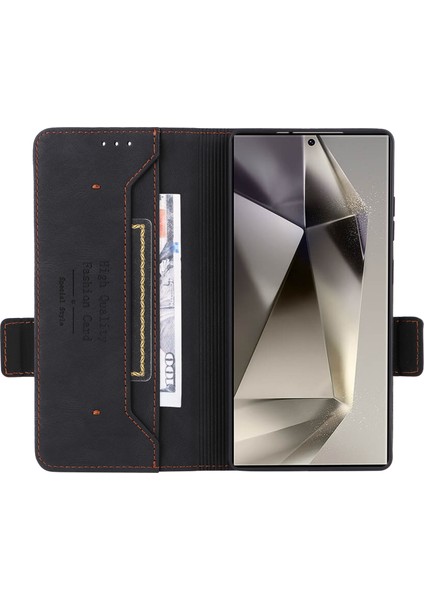 Samsung Galaxy S25 Ultra Kılıf Deri Cüzdan Çevirmeli Telefon Kapağı Donanım Dekorlu-Siyah (Yurt Dışından)
