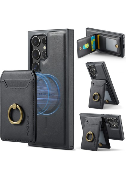 Magkıng K1 Serisi Samsung Galaxy S24 Ultra Manyetik Kılıf Pc+Tpu+Pu Telefon Kılıfı Kart Tutuculu-Siyah (Yurt Dışından)