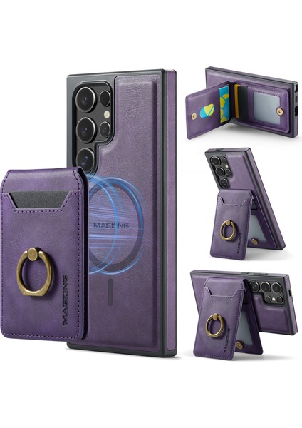 Magkıng K1 Serisi Samsung Galaxy S24 Ultra Manyetik Kılıf Pc+Tpu+Pu Telefon Kılıfı Kart Tutuculu-Mor (Yurt Dışından)