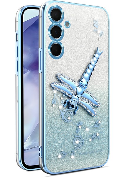 Kadem Samsung Galaxy A05S 4g Kılıf Dragonfly Kickstand Tpu Çiçekler Glitter Telefon Kapağı-Mavi (Yurt Dışından)