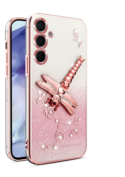 Kadem Samsung Galaxy A36 5g Kılıf Dragonfly Kickstand Tpu Çiçekler Glitter Telefon Kapağı-Pembe (Yurt Dışından)