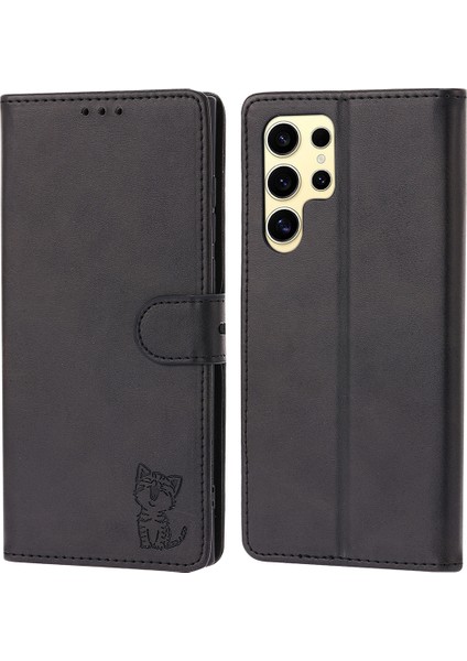 Samsung Galaxy S25 Ultra Kılıf Mutlu Kedi Desen Baskılı Deri Cüzdan Telefon Kılıfı-Siyah (Yurt Dışından)