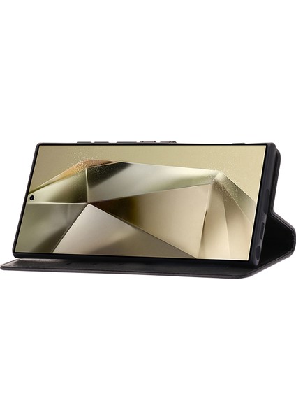 Samsung Galaxy S25 Ultra Kılıf Mutlu Kedi Desen Baskılı Deri Cüzdan Telefon Kılıfı-Siyah (Yurt Dışından)