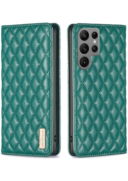 Samsung Galaxy S25 Ultra Kılıf Kart Yuvalı Eşkenar Dörtgen Deri Kılıf-Yeşil (Yurt Dışından)