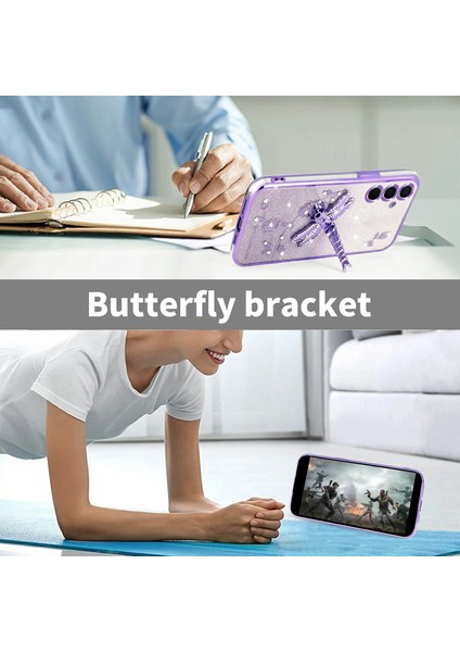 Kadem Samsung Galaxy S24 Kılıf Dragonfly Kickstand Tpu Çiçekler Glitter Telefon Kapağı-Mor (Yurt Dışından)