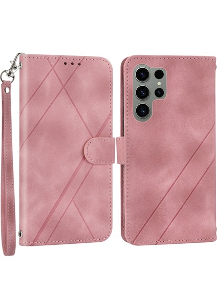 Samsung Galaxy S25 Ultra Kılıf Baskılı Çizgi Deri Telefon Kılıfı Kullanışlı Askılı-Pembe (Yurt Dışından)