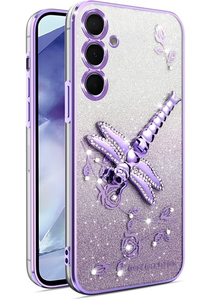 Kadem Samsung Galaxy A05S 4g Kılıf Dragonfly Kickstand Tpu Çiçekler Glitter Telefon Kapağı-Mor (Yurt Dışından)