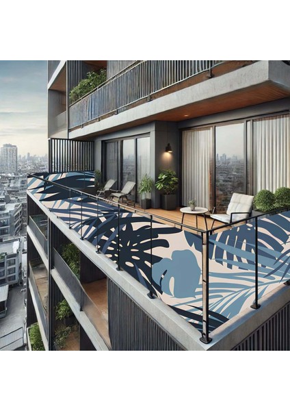 50 cm x 2m Mavi Palmiye Balkon Bahçe Çit Brandası Su Itici, Uv Koruyucu, Dekoratif Örtü