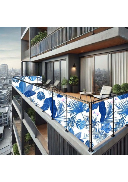 80 cm x 2 m Mavi Yaprak Balkon Bahçe Çit Brandası Su İtici, Uv Koruyucu, Dekoratif Örtü