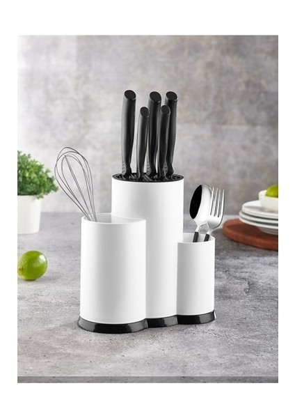3 Bölmeli Kaşıklık - Şef Bıçaklık Standı - Beyaz