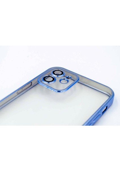 iPhone 12 Uyumlu Kenarları Renkli Lazer Kamera Lens Korumalı Lüks Silikon Kılıf (Sierra Blue)