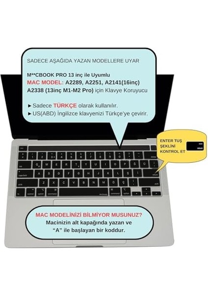 Macbook Pro Klavye Koruyucu 13INÇ M1-M2 (Us To Tr) Touchbarlı A2338 A2289 A2251 A2141 Uyumlu Siyah
