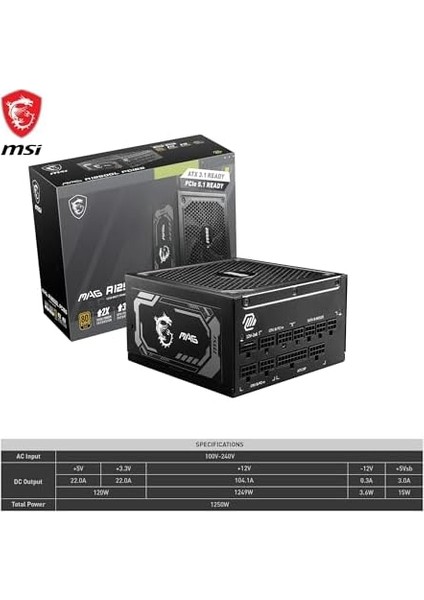Mag A1250GL Pcıe5 1250W 80+ Gold Power Supply Bilgisayar Güç Kaynağı