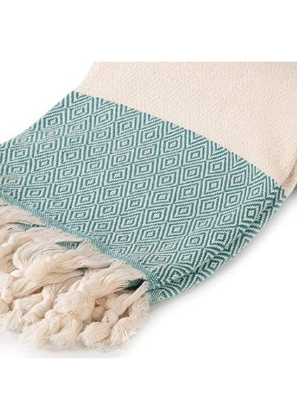 Loom -%100 Pamuk Dekoratif Kalın Plaj Havlusu - Xl 180 x 101 cm - El Dokuması Battaniye, Kanepe Şalı. Beyaz Üzerine Turkuaz Elmas Desenli
