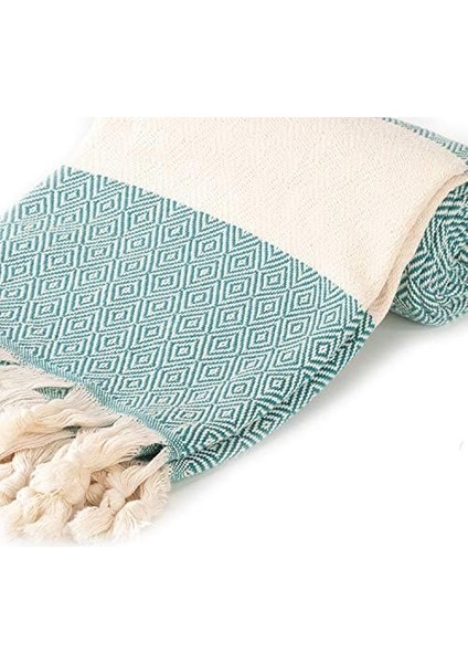Loom -%100 Pamuk Dekoratif Kalın Plaj Havlusu - Xl 180 x 101 cm - El Dokuması Battaniye, Kanepe Şalı. Beyaz Üzerine Turkuaz Elmas Desenli