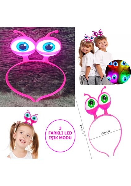 LED Işıklı & Pilli 3 Farklı Modda Yanan Uzaylı Göz Parti Tacı Pembe Renk 18 x 12 cm