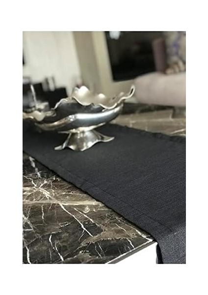 Simli Keten Runner Siyah 45 x 150
