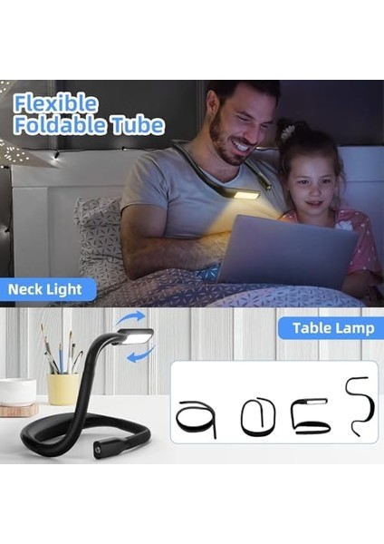 İki Ucu Işıklı LED Okuma Lambası Kitap Boynu Bükülebilir Kollar Boyun Lambası Şarj Edilebilir Hafif ve Esnek Kitap Lambası, 3 Renk Parlaklık Ayarlı, Siyah Renk SY-GH8B
