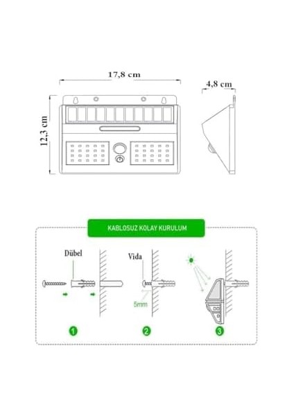 BWS010 10W Solar Güneş Enerjili Duvar Aplik Beyaz Işık - Dış Mekan Sensörlü Aydınlatması