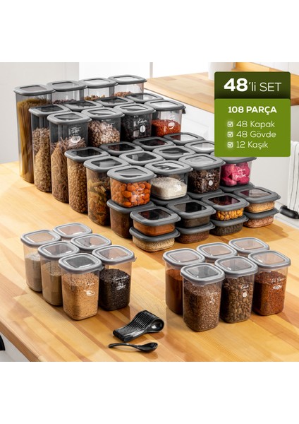 48'li Etiketli Lux Hava Geçirmez Erzak ve Baharat Saklama Kabı Seti Kaşıklı Antrasit