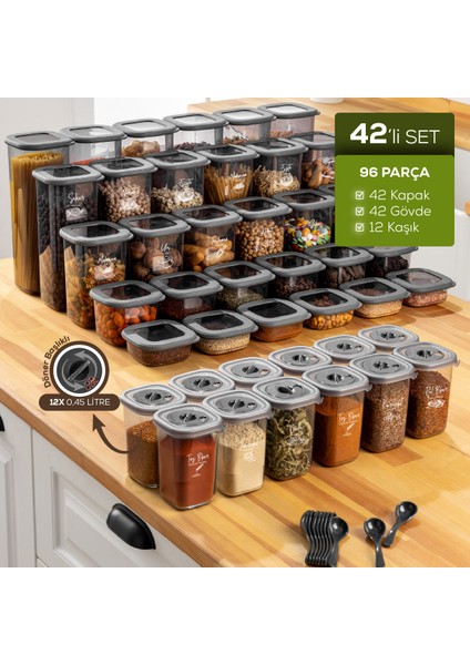 Döner Kapaklı Etiketli Kaşıklı 42'li Set Lux Hava Geçirmez Erzak ve Baharat Saklama Kabı Antrasit
