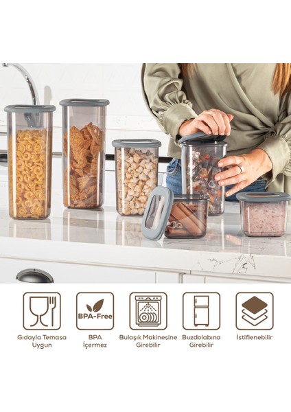Döner Kapaklı Etiketli Kaşıklı 42'li Set Lux Hava Geçirmez Erzak ve Baharat Saklama Kabı Antrasit fırsatları