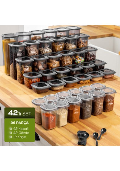 42'li Etiketli Lux Hava Geçirmez Erzak ve Baharat Saklama Kabı Seti Kaşıklı Antrasit