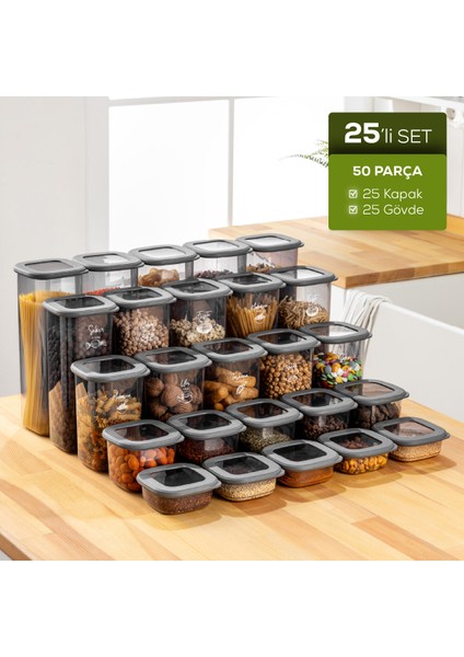 25'li Etiketli Lux Hava Geçirmez Erzak ve Baharat Saklama Kabı Seti Antrasit