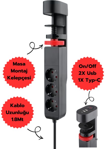 Akım Korumalı Priz Masa Kenarı Ayarlanabilir 3 Priz + 2 USB + 1 Type C Girişli Priz Ftr-19
