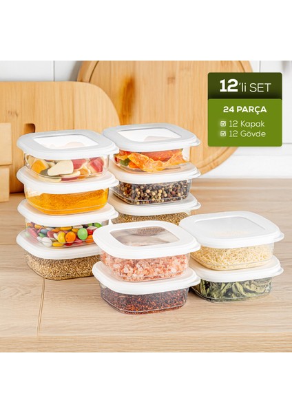 12'li Etiketli Lux Hava Geçirmez Erzak ve Baharat Saklama Kabı Seti 0,25 Lt Beyaz