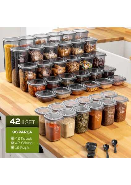 42'li Etiketli Hava Geçirmez Erzak ve Baharat Saklama Kabı Seti Kaşıklı Antrasit