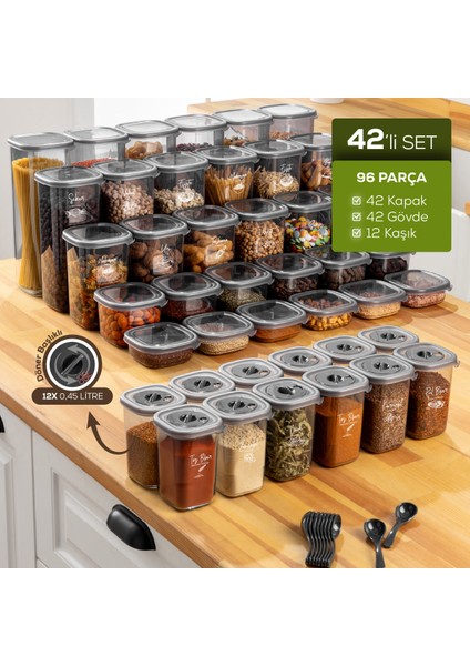 Döner Kapaklı Etiketli Kaşıklı 42'li Set Hava Geçirmez Erzak ve Baharat Saklama Kabı Antrasit